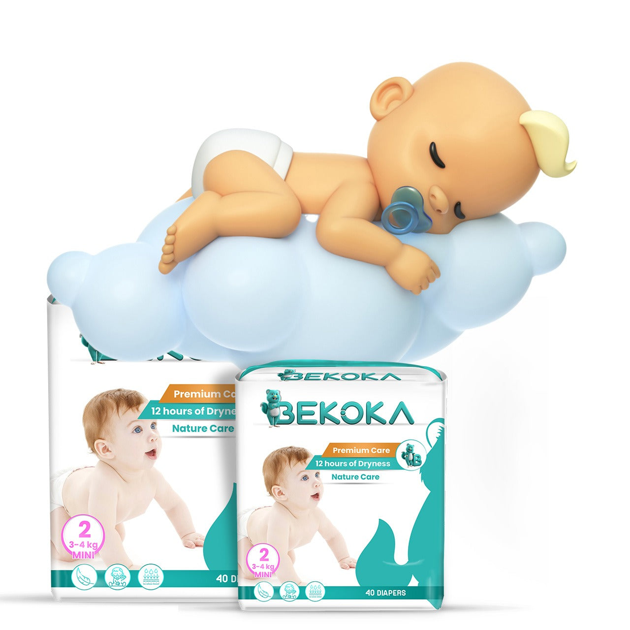 BEKOKA Diapers With Natural And Safe Ingredients, size 2 Weight (3-4 kg) 40 Diapers