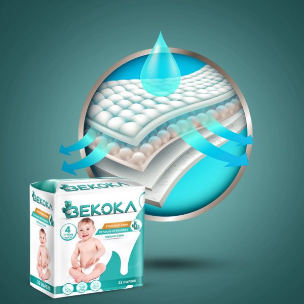 High-quality Diapers From BEKOKA, Size 4 Weight (7-14 kg) 32 Diapers