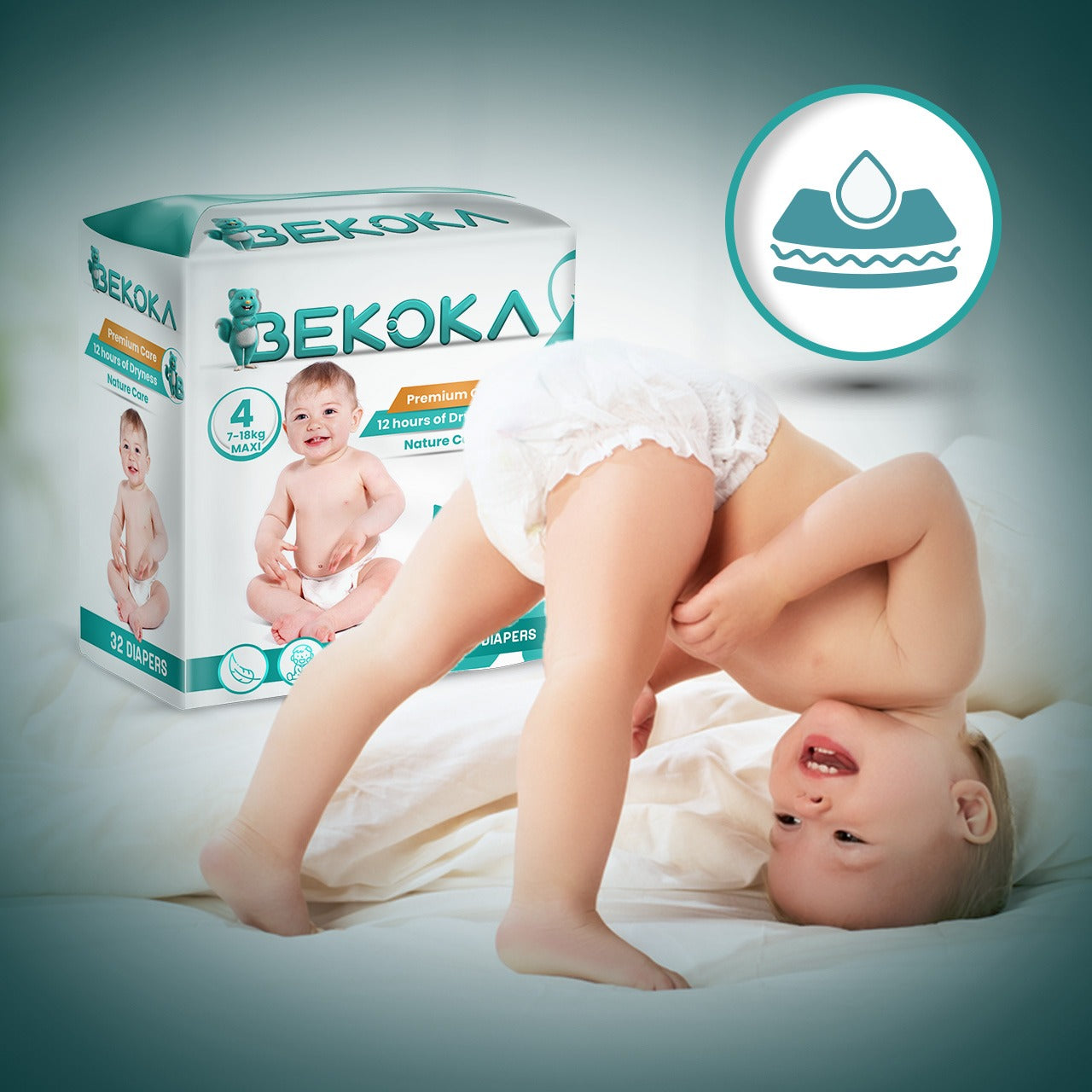 High-quality Diapers From BEKOKA, Size 4 Weight (7-14 kg) 32 Diapers