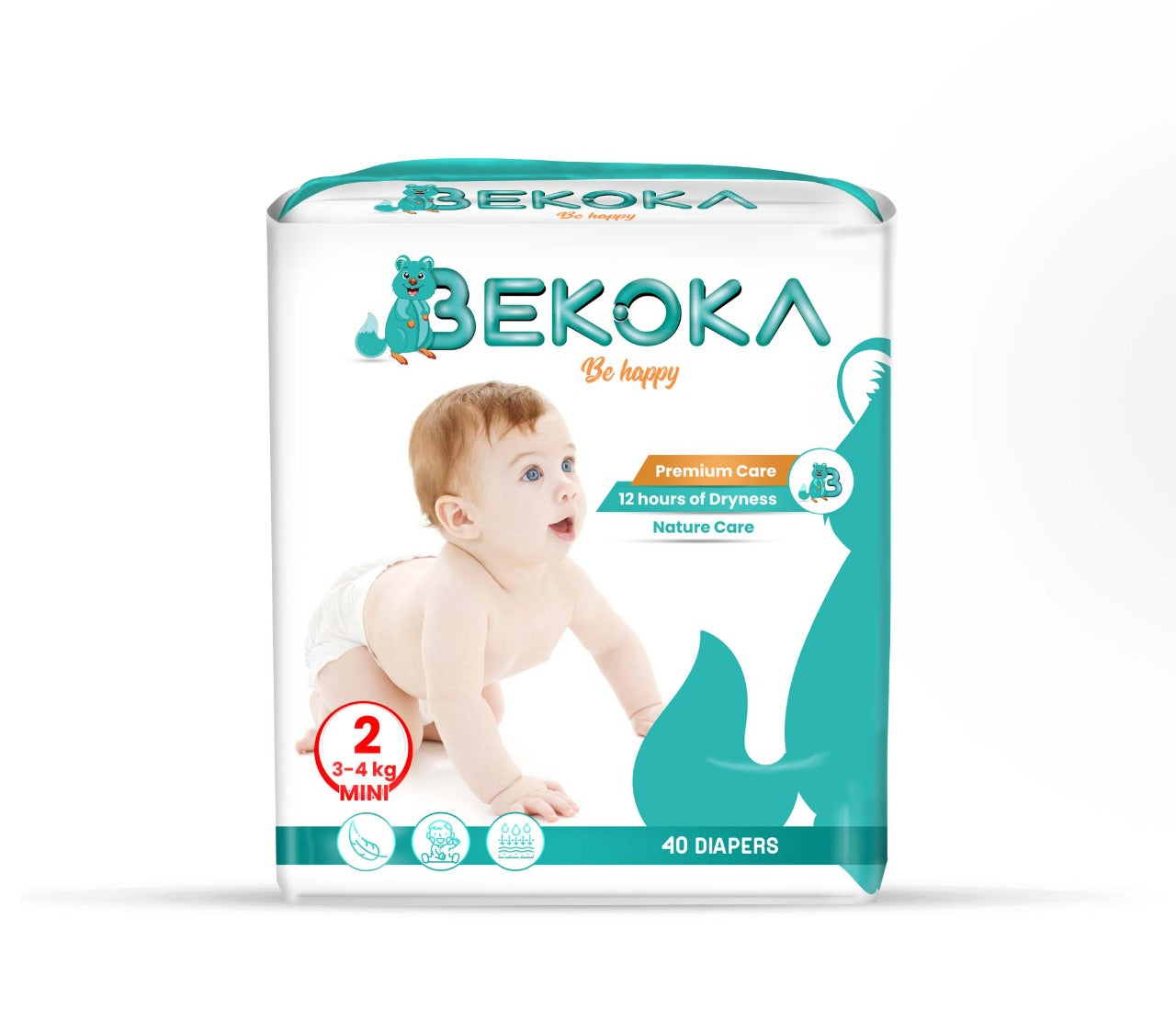 BEKOKA Diapers With Natural And Safe Ingredients, size 2 Weight (3-4 kg) 40 Diapers